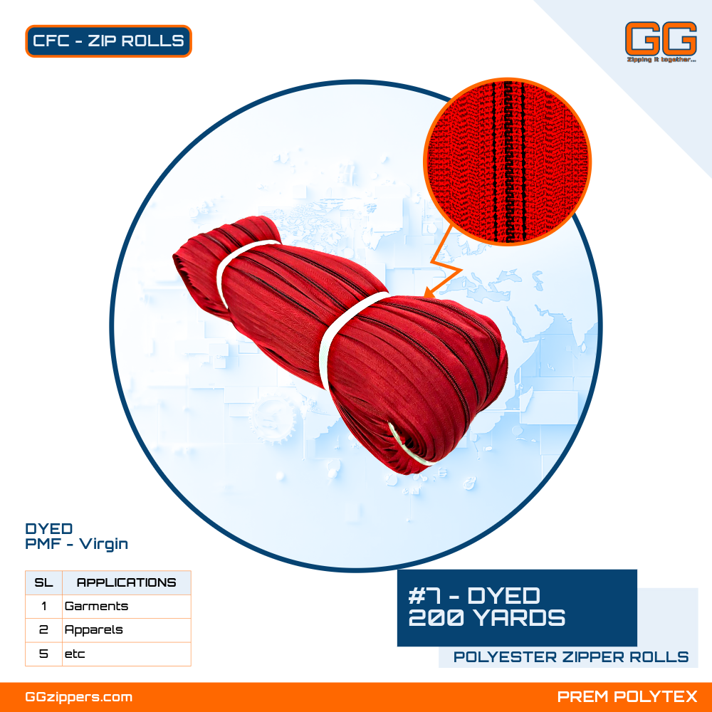 #7 - DYED Polyester Zipper Rolls - 200 Yards