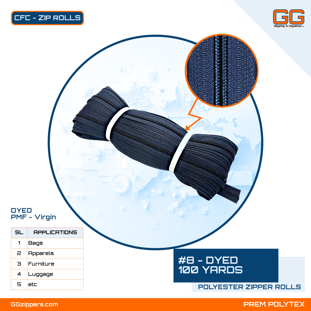 #8 - DYED Polyester Zipper Rolls - 100 Yards