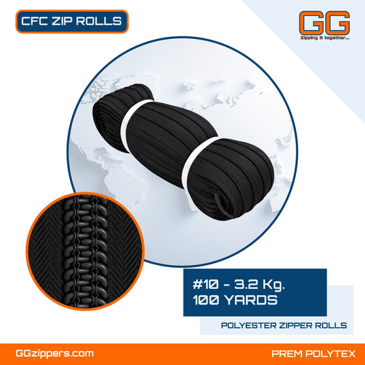 #10 - 3.2 kg, Recycled, Non Dyed, Black, CFC ZIPPER ROLL - 100 Yards