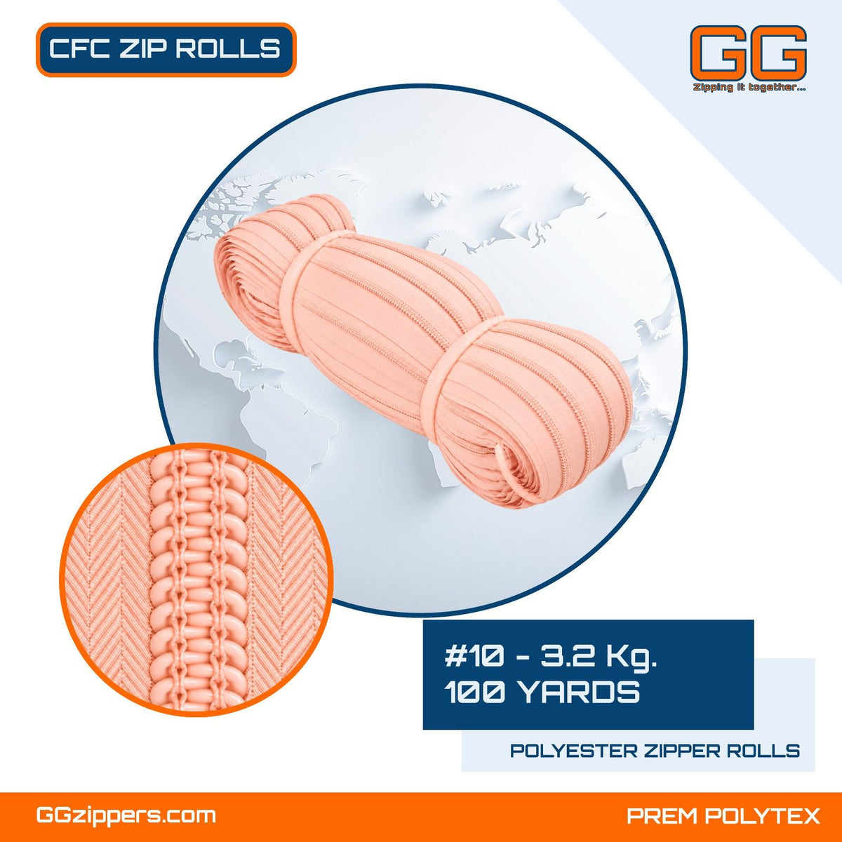 #10 - 3.2 kg, Virgin, Dyed, Color Card, CFC ZIPPER ROLL - 100 Yards