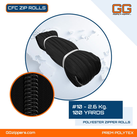 #10 - 2.6 kg, Recycle, Non Dyed, Black, CFC ZIPPER ROLL - 100 Yards