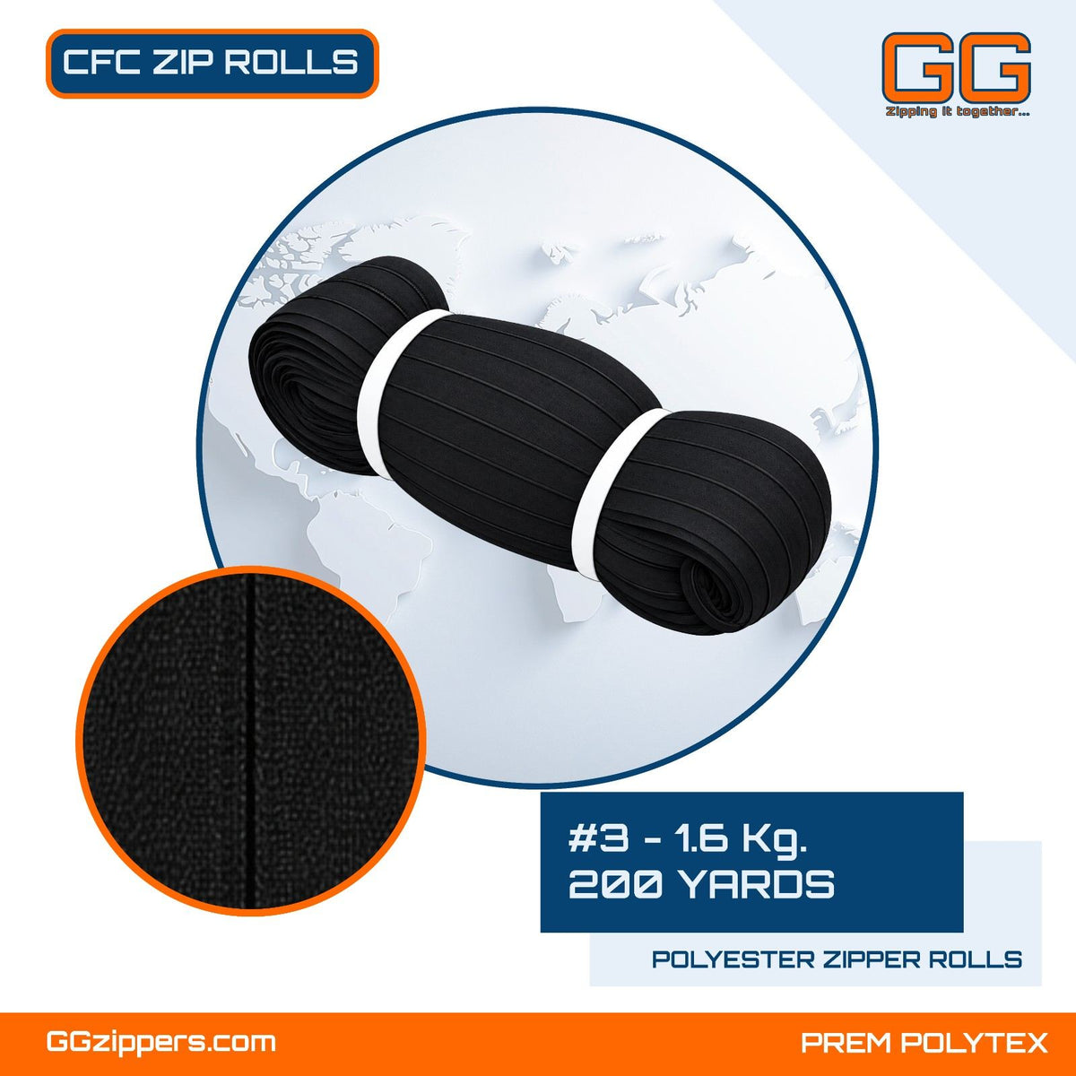 #3 - 1.6 kg, Recycled, Non Dyed, Black, Reversible CFC ZIPPER ROLL - 200 Yards