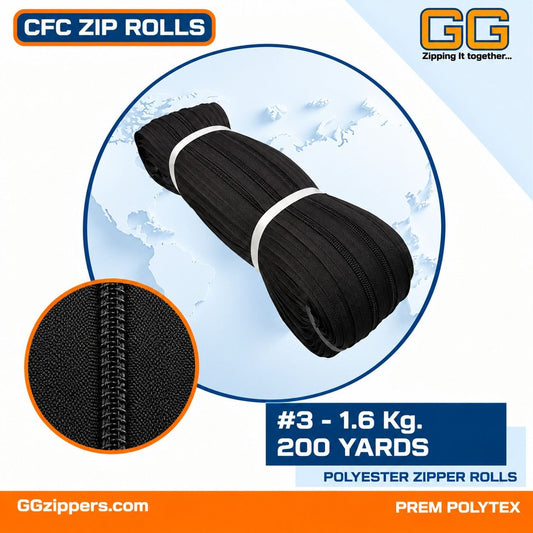 #3 - 1.6 kg, Recycle Non Dyed, Black, CFC ZIPPER ROLL - 200 Yards