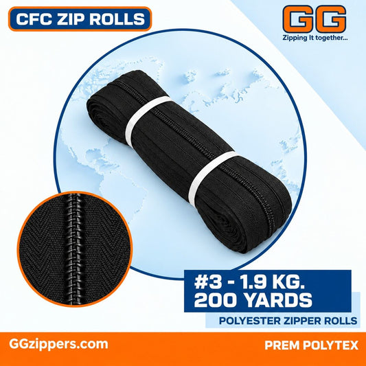 #3 - 1.9 kg, Recycle Non Dyed, Black, CFC ZIPPER ROLL - 200 Yards