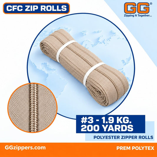 #3 - 1.9 kg, Colour Virgin Dyed, CFC ZIPPER ROLL - 200 Yards