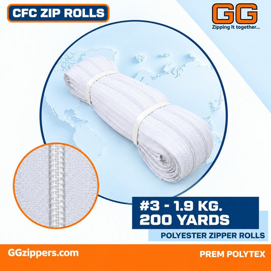 #3 - 1.9 kg, Recycle Non Dyed, White, CFC ZIPPER ROLL - 200 Yards