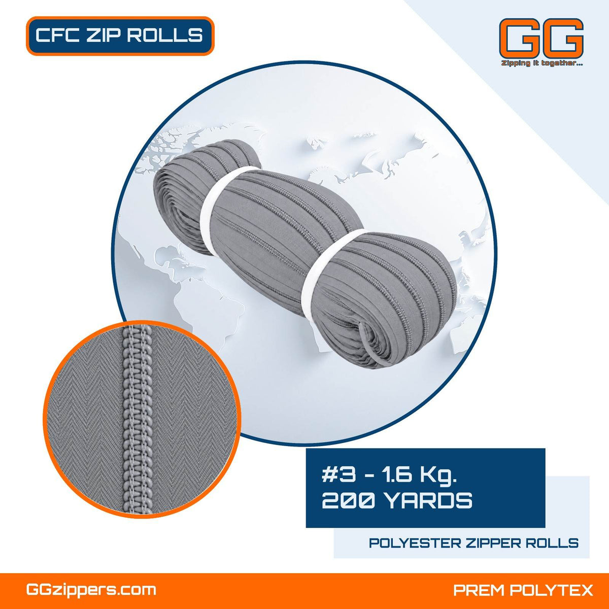 #3 - 1.6 kg, Recycled, Dyed, Colored, CFC ZIPPER ROLL - 200 Yards