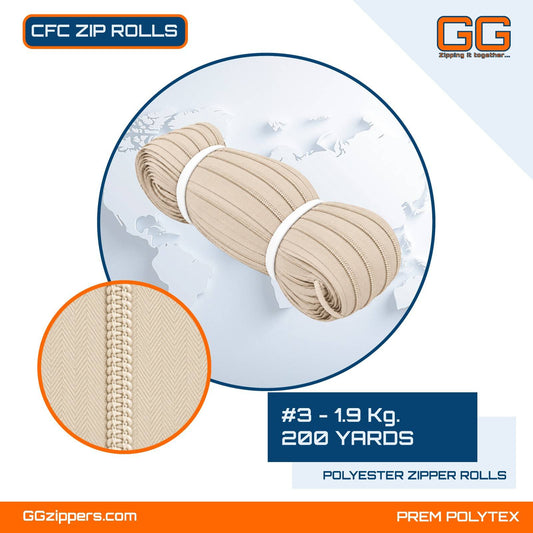 #3 - 1.9 kg, Virgin, Dyed, Colored, CFC ZIPPER ROLL - 200 Yards