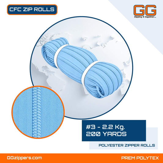 #3 - 2.2 kg, Virgin, Dyed, Colored, CFC ZIPPER ROLL - 200 Yards