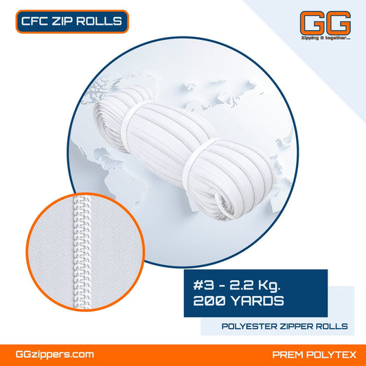 #3 - 2.2 kg, Recycled, Non Dyed, White, CFC ZIPPER ROLL - 200 Yards