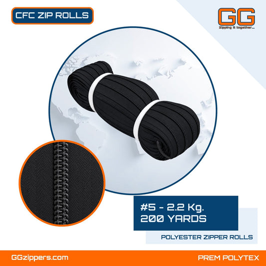 #5 - 2.2 kg, Recycled, Non Dyed, Black, CFC ZIPPER ROLL - 200 Yards