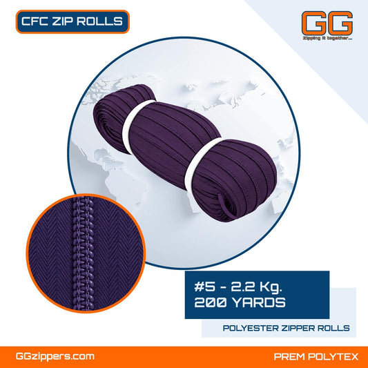 #5 - 2.2 kg, Recycled, Dyed, Colored, CFC ZIPPER ROLL - 200 Yards