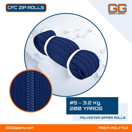 #5 - 3.2 kg, Virgin, Dyed, Colored, CFC ZIPPER ROLL - 200 Yards