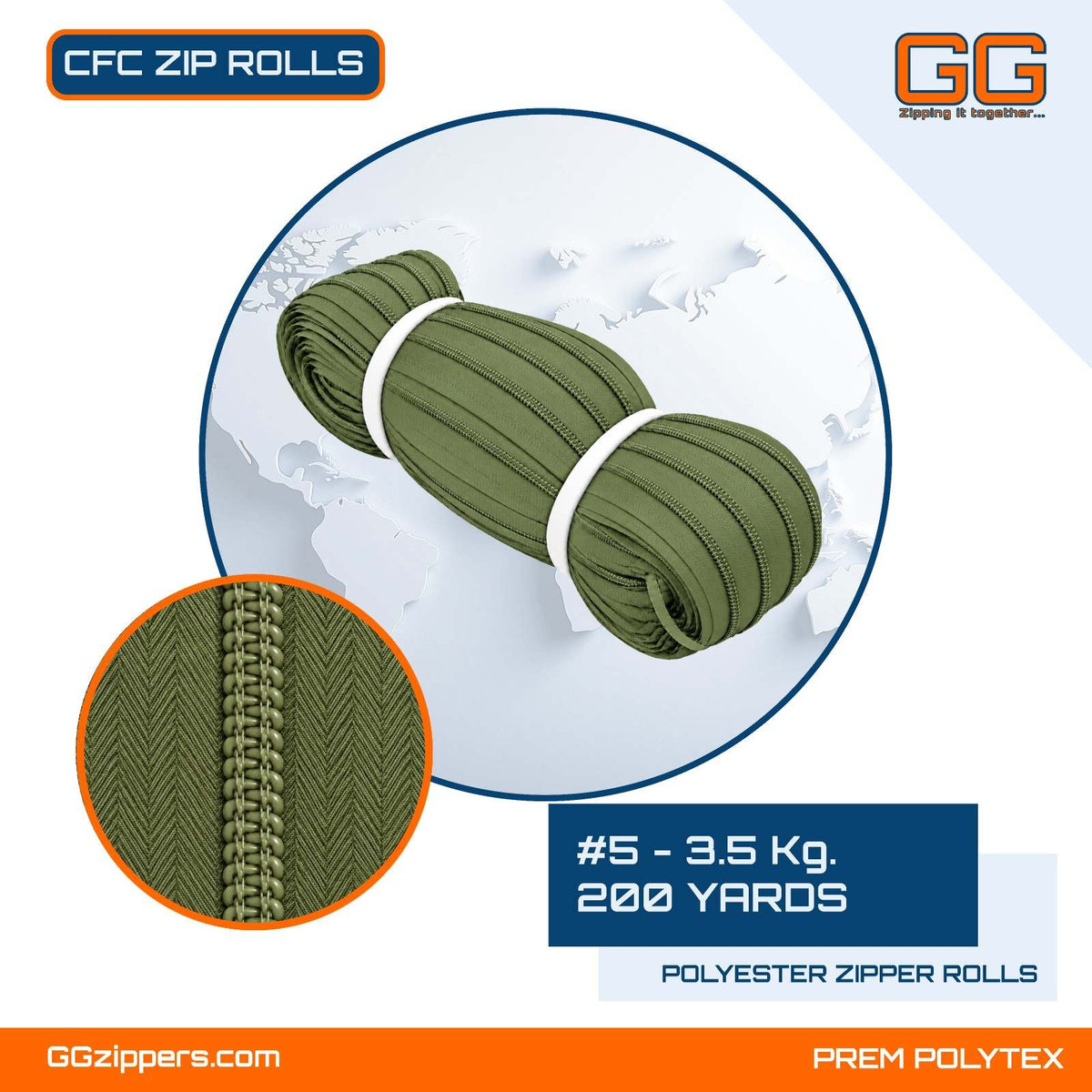#5 - 3.5 kg, Recycled, Dyed, Colored, CFC ZIPPER ROLL - 200 Yards