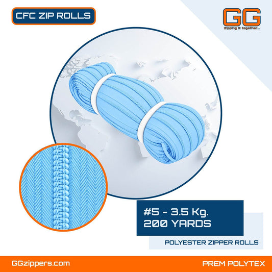 #5 - 3.5 kg, Virgin, Dyed, Colored, CFC ZIPPER ROLL - 200 Yards