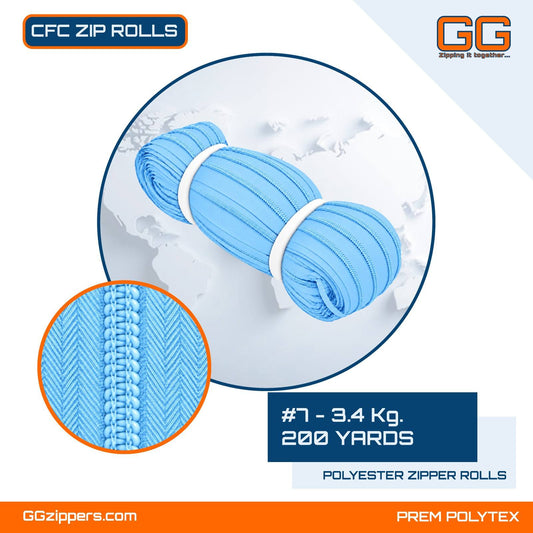 #7 - 3.4 kg, Virgin, Dyed, Colored, CFC ZIPPER ROLL - 200 Yards