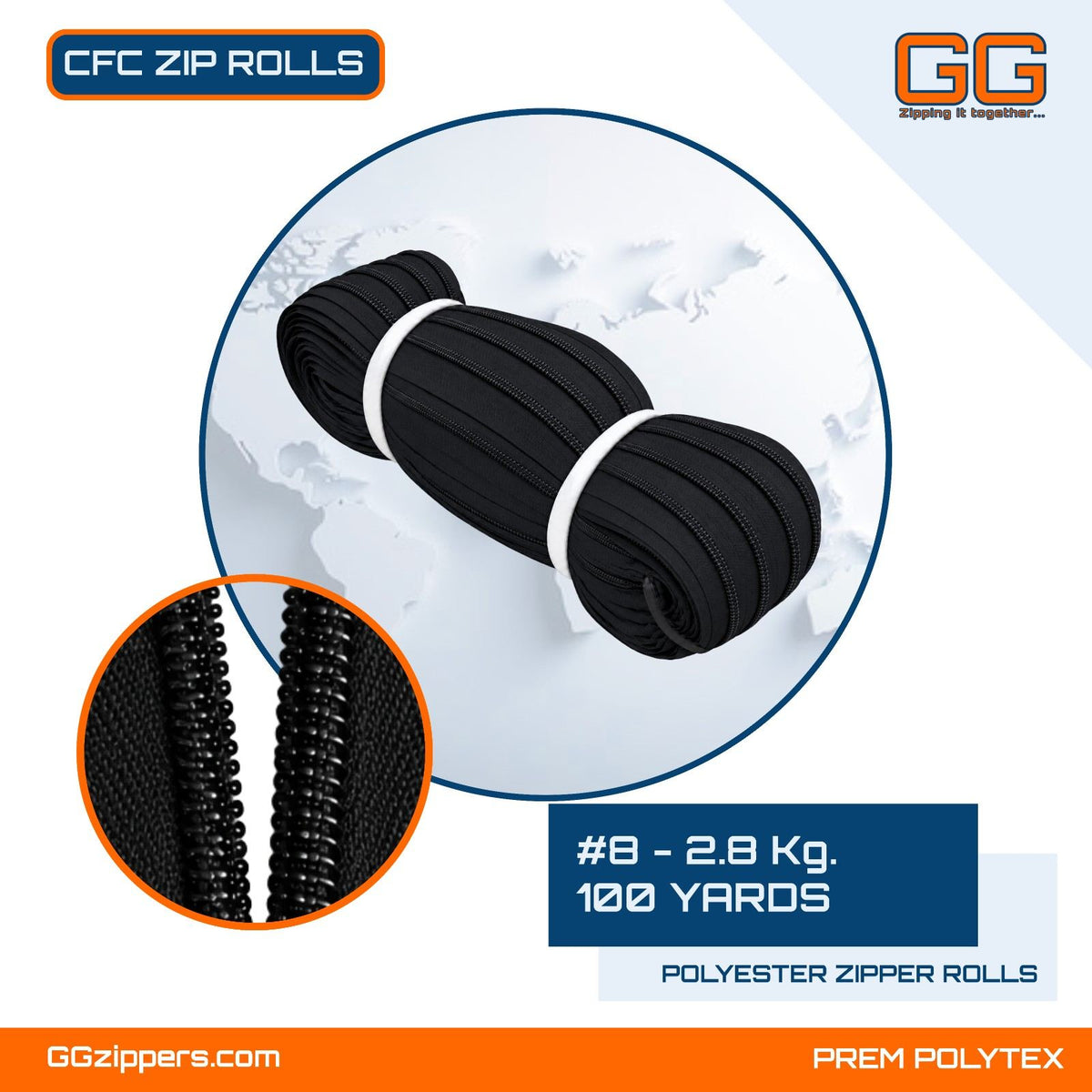 #8 - 2.8 kg, Recycled, Non Dyed, Black, Anti-Theft CFC ZIPPER ROLL - 100 Yards