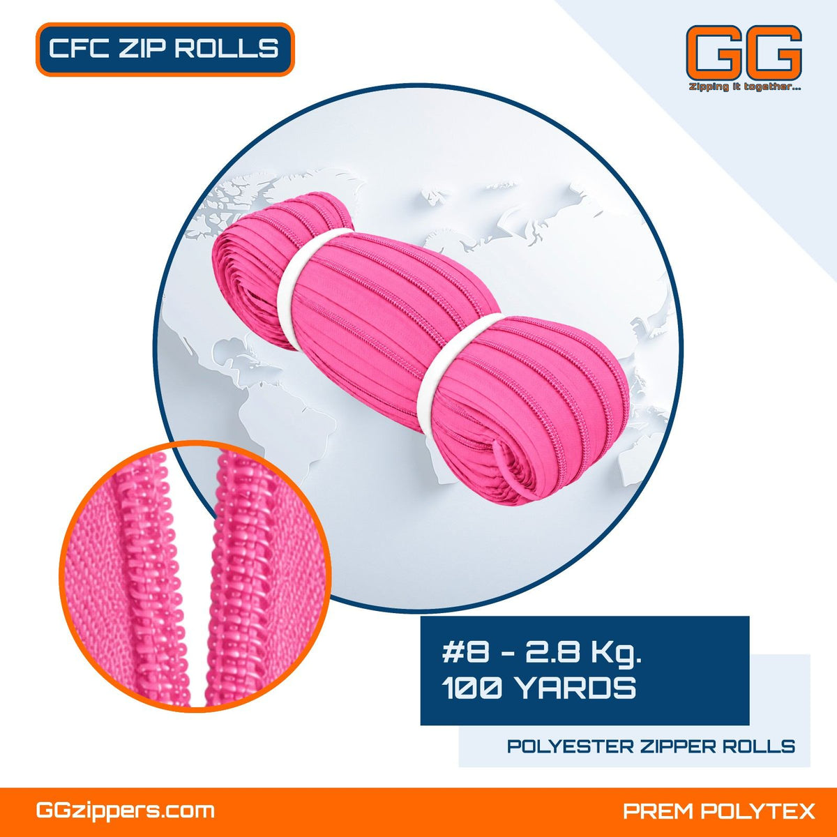 #8 - 2.8 kg, Virgin, Dyed, Colored, Anti-Theft CFC ZIPPER ROLL - 100 Yards