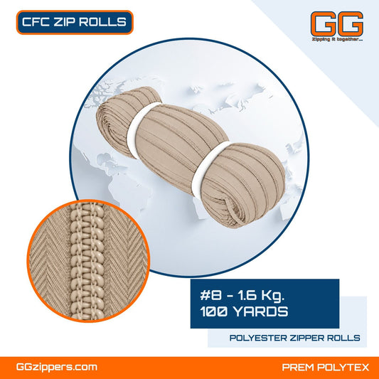#8 - 1.6 kg, Virgin, Dyed, Colored, CFC ZIPPER ROLL - 100 Yards