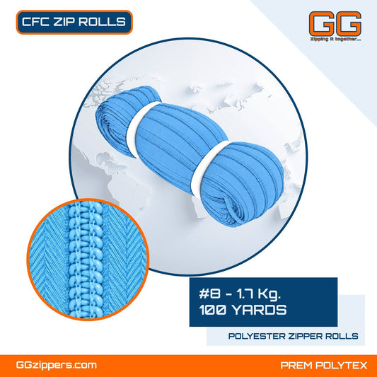 #8 - 1.7 kg, Virgin, Dyed, Colored, CFC ZIPPER ROLL - 100 Yards