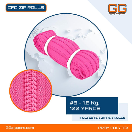 #8 - 1.8 kg, Virgin, Dyed, Colored, CFC ZIPPER ROLL - 100 Yards