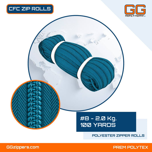 #8 - 2.0 kg, Virgin, Dyed, Colored, CFC ZIPPER ROLL - 100 Yards