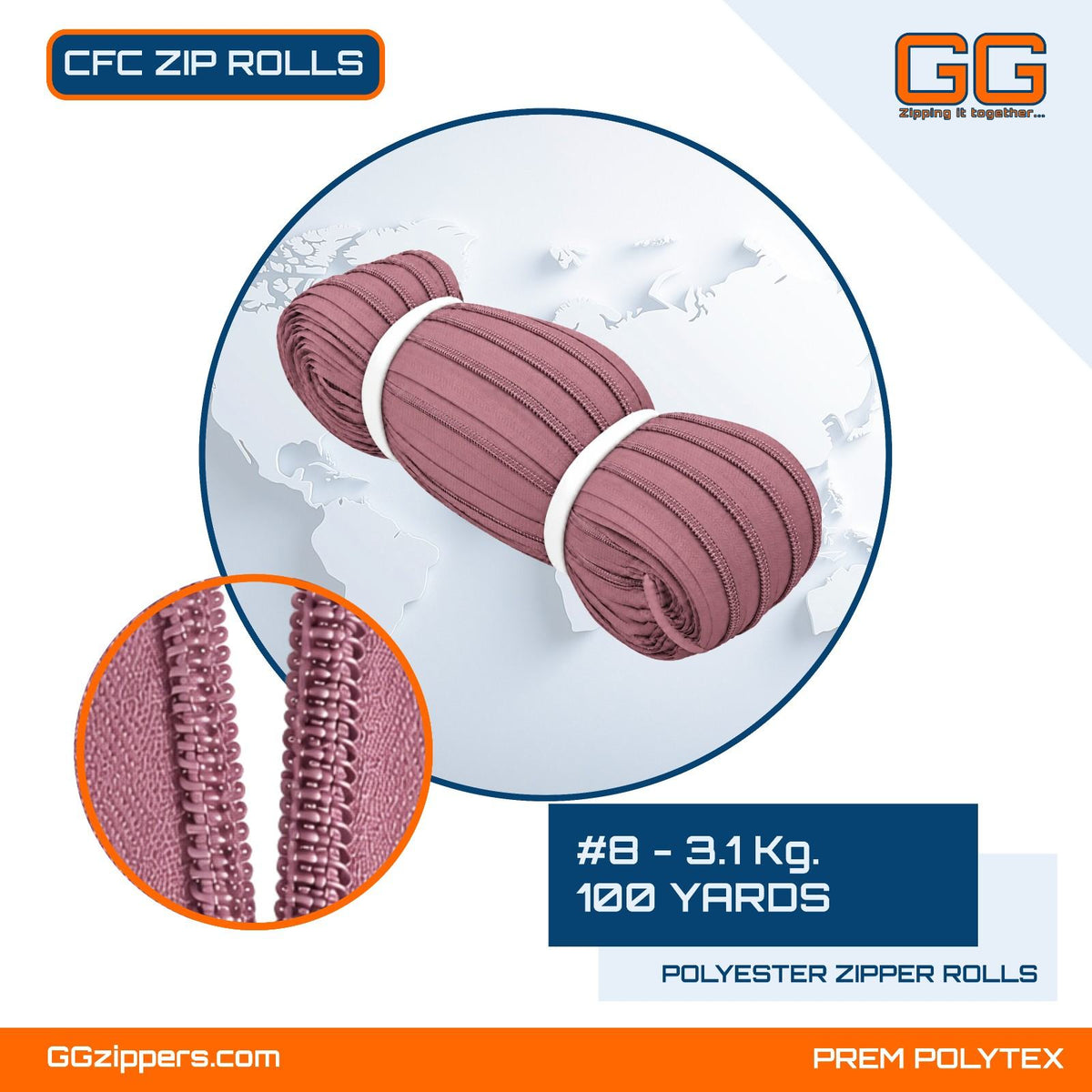 #8 - 3.1 kg, Virgin, Dyed, Colored, Anti-Theft CFC ZIPPER ROLL - 100 Yards