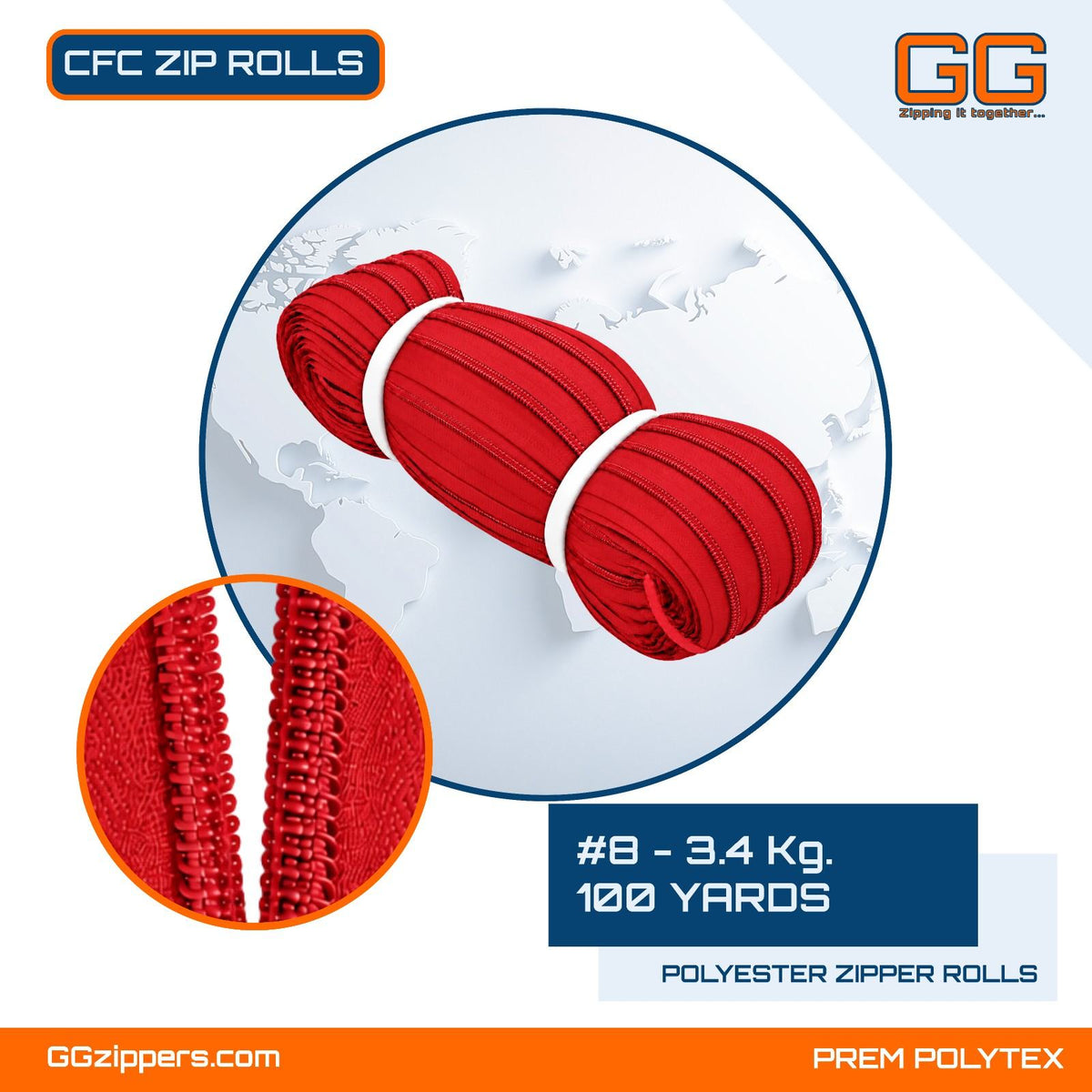 #8 - 3.4 kg, Recycled, Dyed, Colored, Anti-Theft CFC ZIPPER ROLL - 100 Yards