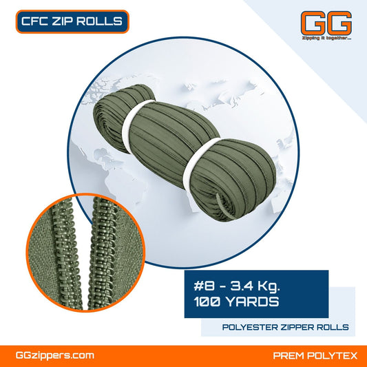 #8 - 3.4 kg, Virgin, Dyed, Colored, Anti-Theft CFC ZIPPER ROLL - 100 Yards