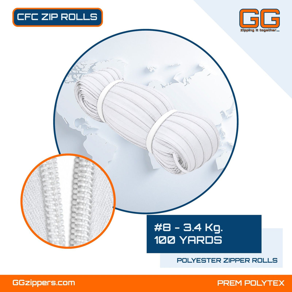#8 - 3.4 kg, Recycled, Non Dyed, White, Anti-Theft CFC ZIPPER ROLL - 100 Yards