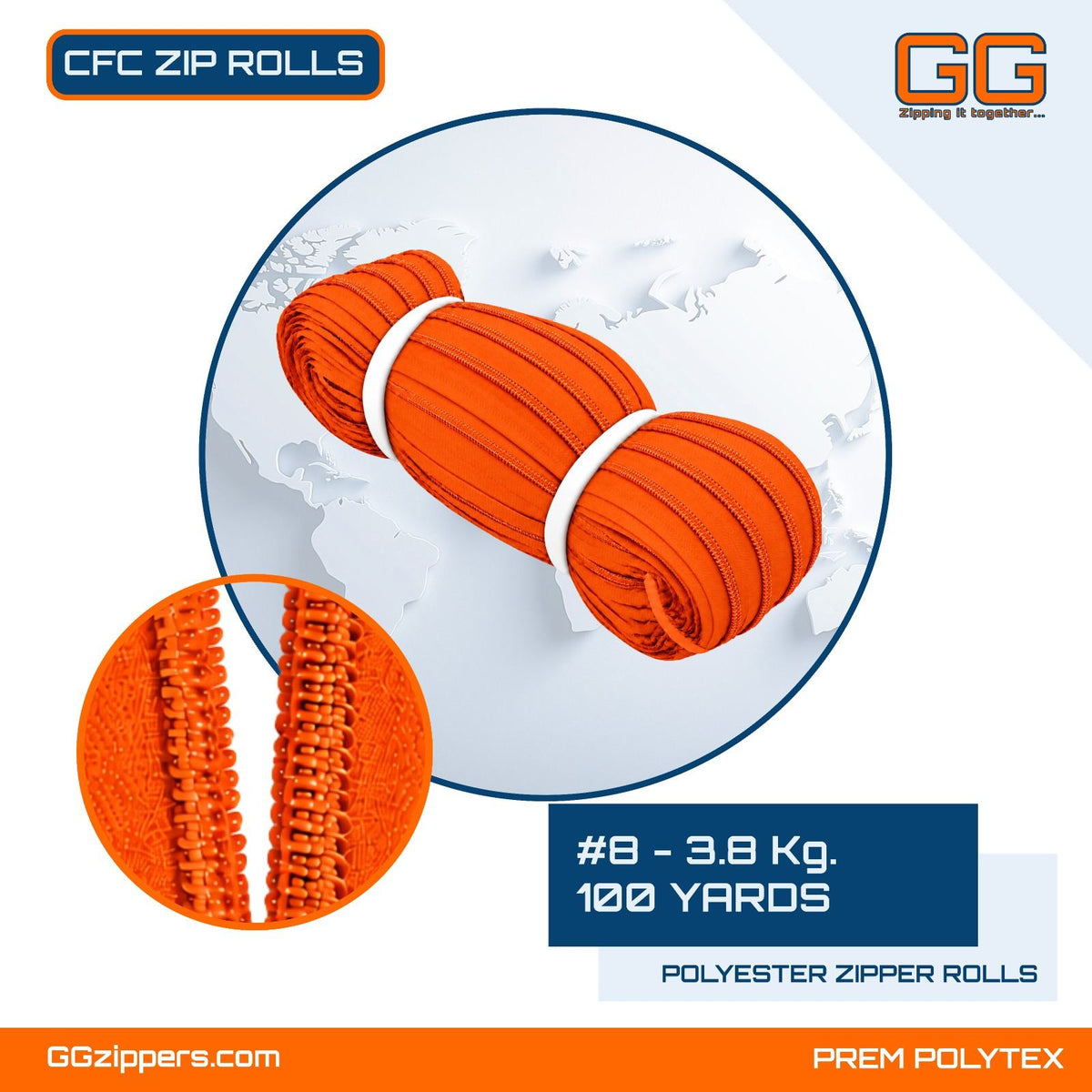 #8 - 3.8 kg, Recycled, Dyed, Colored, Anti-Theft CFC ZIPPER ROLL - 100 Yards