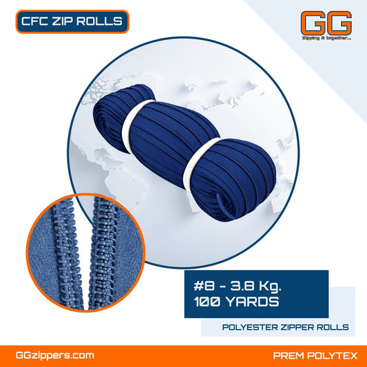 #8 - 3.8 kg, Virgin, Dyed, Colored, Anti-Theft CFC ZIPPER ROLL - 100 Yards